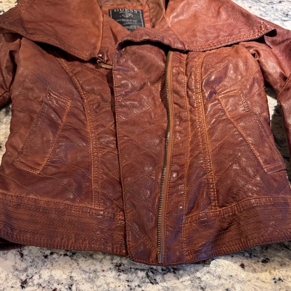 GUESS Women's Rust Brown Faux Leather Moto Jacket - Picture 6 of 13